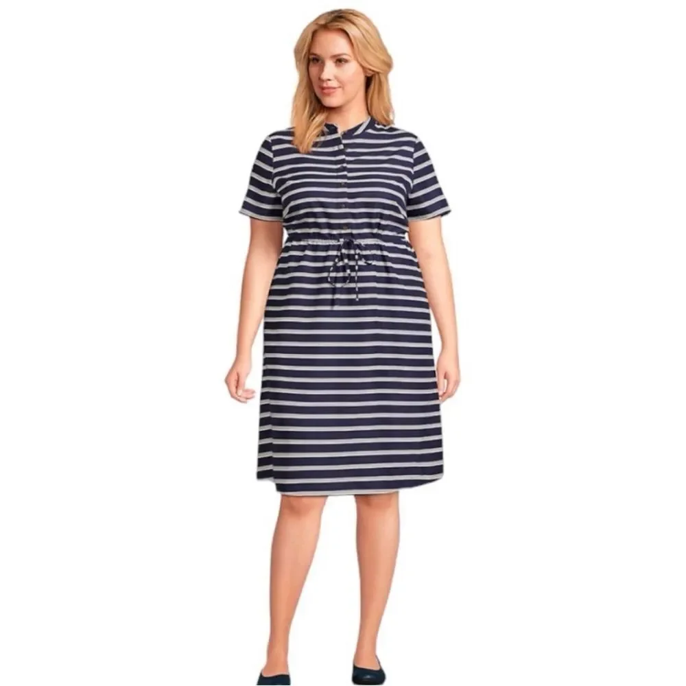 Lands End Women's Plus Size Rayon Short Sleeve Button Front Dress Striped Sz 1X